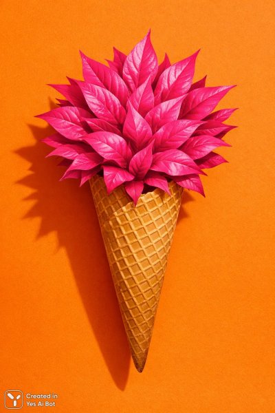 Сюрреалистичное мороженое с розовыми листьями на ярком фоне. Нейронная сеть Sora images Ai