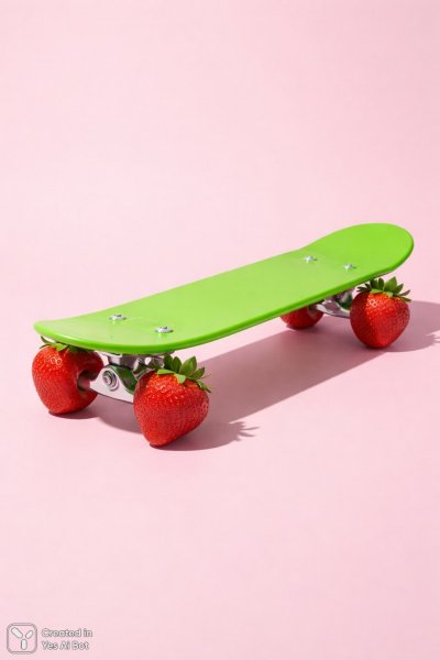 Яркий скейтборд с клубничными колесами на пастельном фоне. Нейросеть Sora Images