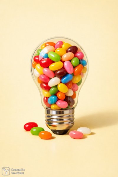 Яркая лампочка с желейными конфетами: игривая фантазия в деталях. Генерация из нейронной сети Sora Images