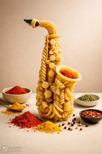 Саксофон из пасты: яркий мир специй и креатива. Картинка из нейросети Sora