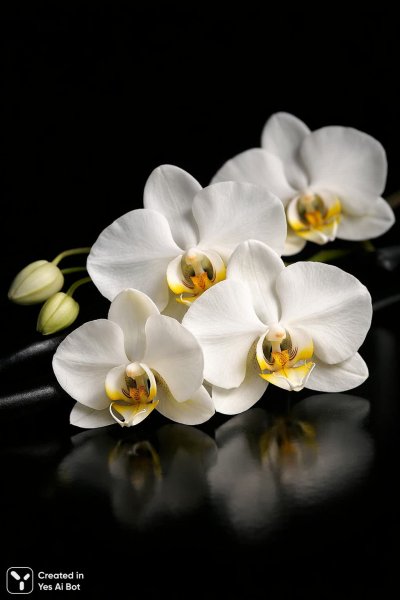 Элегантные белые орхидеи в макросъемке с мягким освещением и высокой детализацией. Картинка из нейросети Sora Image