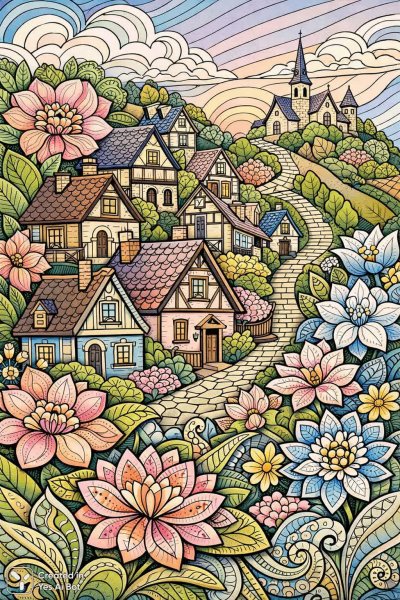 Уютный городок на холме в стиле Zentangle. Изображение из нейросети Sora Image