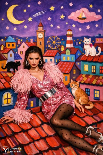 Ночная городская панорама в наивном стиле с яркими зданиями и котами на крышах. Нейросеть Sora Images
