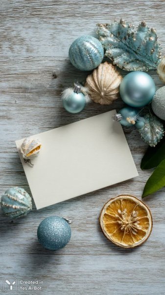 Зимняя сказка на светлом фоне: бежевая открытка и праздничные украшения в стиле flat lay. Изображение из нейронной сети Midjourney