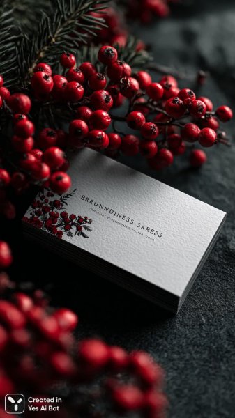 Элегантная визитка в хвойном великолепии осенней природы и ярких ягод. Изображение из нейронной сети Миджорни