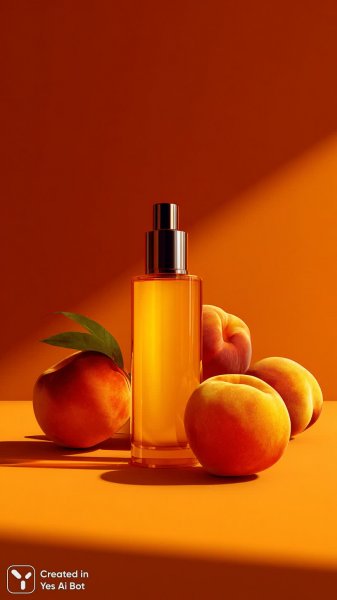 Роскошная сыворотка в современном стиле на фоне сочных персиков. Нейросеть Миджорни