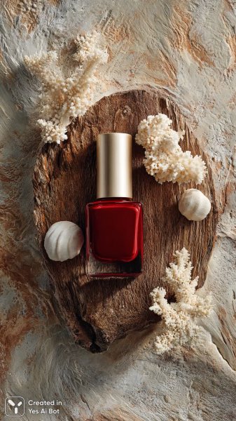Изысканный красный лак для ногтей на деревянном столе. Генерация из нейросети Миджорни