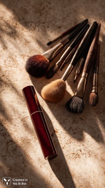 Макияж: элегантные детали и текстуры в стильной композиции. Картинка из нейронной сети Midjourney