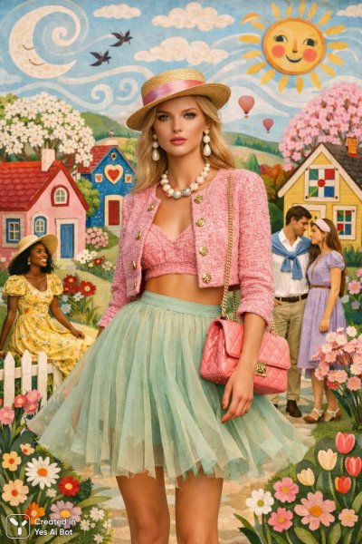 Уютное сообщество в стиле народного искусства с пастельными цветами и небом. Изображение из нейросети Sora Image