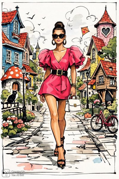 Уютная улица с яркими домиками и зеленью в стиле мультфильма. Изображение из нейросети Sora