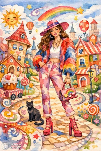 Фантазийная улочка акварелью: радость и творчество в стиле наивного искусства. Нейросеть Sora Images