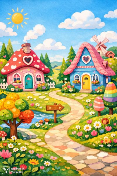 Веселый мир сказочных домиков и ярких деревьев. Картинка из нейронной сети Sora