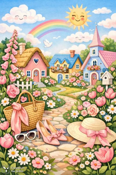 Сказочный мир пастельных домов и цветущих садов в стиле наивного искусства. Нейронная сеть Sora