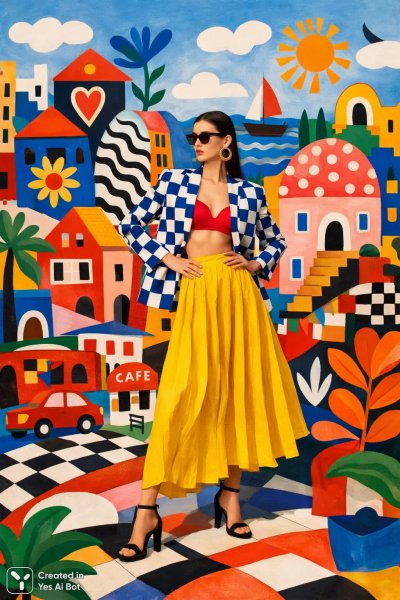 Яркий город наивного искусства вдохновленный палитрой Матисса. Картинка из нейросети Sora Image