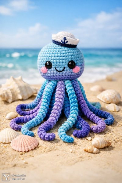 Морской осьминожек ручной работы: вязаная игрушка с моряцкой шляпой на песчаном пляже. Генерация из нейросети Sora Image