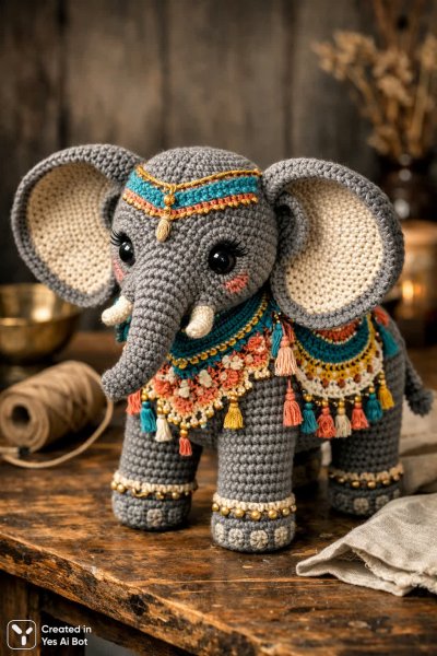 Серый слон ручной работы с яркими одеялами на спине. Генерация из нейросети Sora