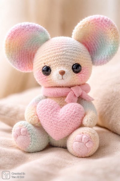 Милый вязаный мишка с радужными полосками и сердечком. Изображение из нейросети Sora Image