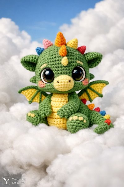 Милый вязаный дракончик: игривый аксессуар из зеленой и желтой пряжи с яркими шипами и крошечными крылышками. Картинка из нейросети Sora Image