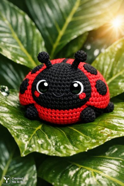 Яркая вязаная игрушка божья коровка на зеленом листе. Изображение из нейронной сети Sora Image