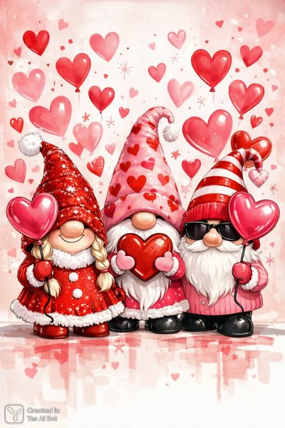 Праздничные гномы с сердечками и воздушными шарами. Картинка из нейронной сети Sora images Ai