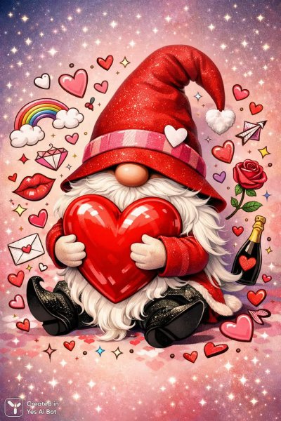 Забавный гном с сердцем: романтика и узоры в стиле валентинки. Нейросеть Sora
