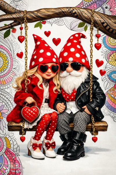 Милая пара гномов на качелях из ветки дерева в ярком стиле. Картинка из нейронной сети Sora