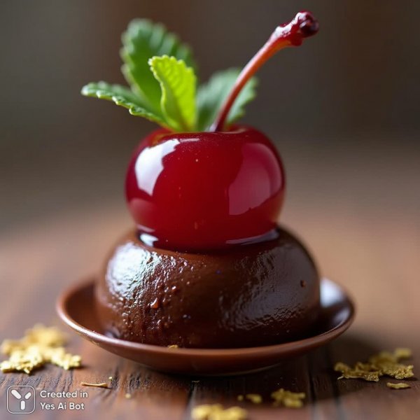 Изысканный десерт: вишня в шоколадном облаке с золотыми акцентами. Нейросеть Flux 1