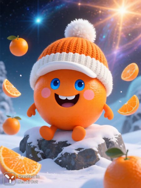 Оранжевый друг на снежной скале: праздник и апельсиновое настроение. Картинка из нейросети Qwen images Ai