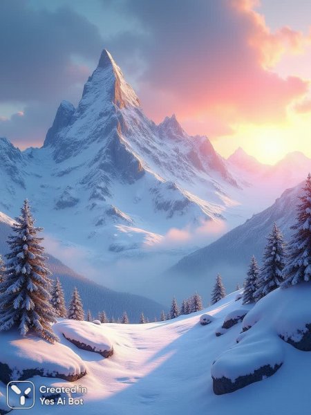 Заснеженные вершины в лучах восходящего или заходящего солнца невероятной красоты. Нейросеть Flux Ai