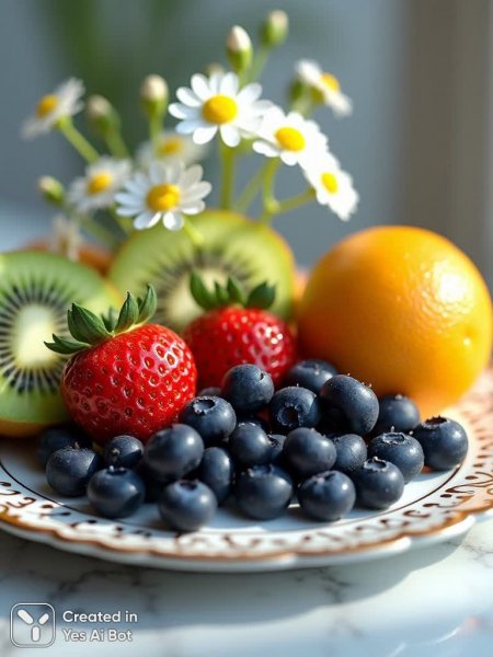 Изысканная фруктовая композиция на белоснежной тарелке: свежесть и красота летнего изобилия в деталях. Картинка из нейронной сети Flux.1