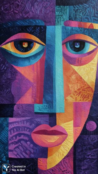 Лицо в пурпурном: геометрическая абстракция и сюрреализм. Генерация из нейронной сети Midjourney