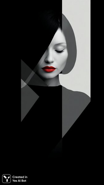 Черно-белый портрет с акцентом на красные губы и элегантную стрижку боб. Генерация из нейронной сети Миджорни