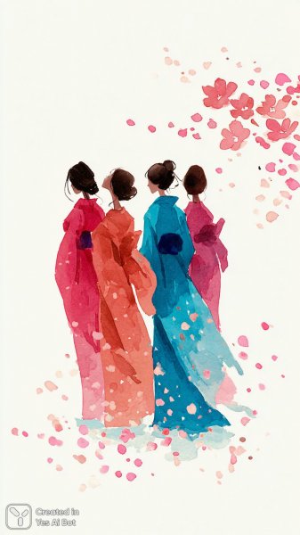 Яркие наряды и голубые цветы в акварельном стиле. Генерация из нейронной сети Midjourney