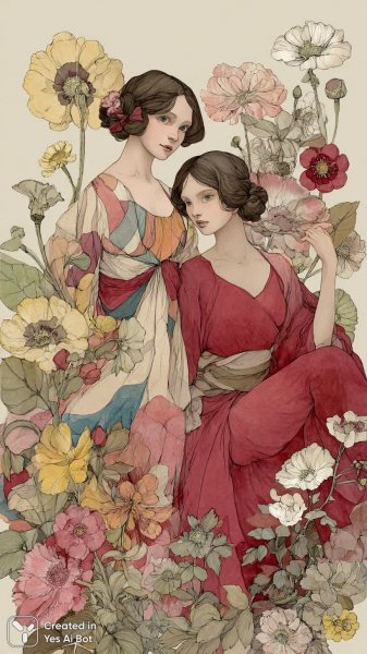 Девочки в цветах: акварельная нежность и минимализм народного искусства. Нейросеть Midjourney
