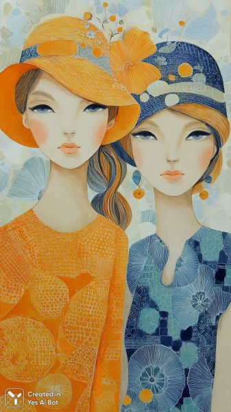 Две девочки в ярких нарядах: наивное искусство и народные мотивы. Генерация из нейросети Миджорни