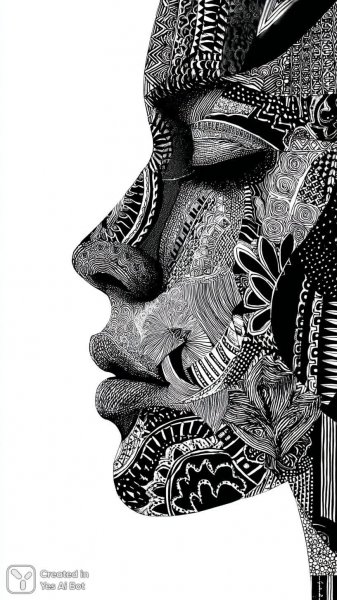 Черно-белый портрет в стиле дзентангл: геометрические узоры и причудливые линии. Изображение из нейросети Миджорни