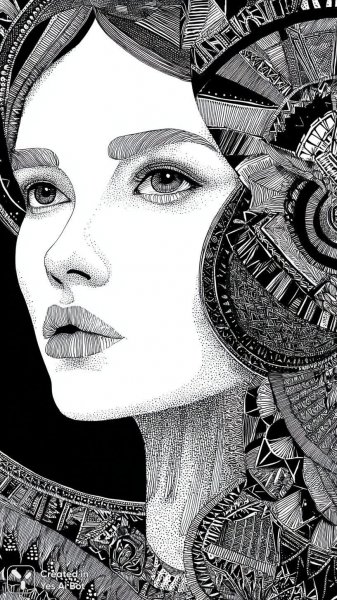 Мистическая женщина в стиле Zentangle: Раскраска для взрослых. Картинка из нейронной сети Midjourney