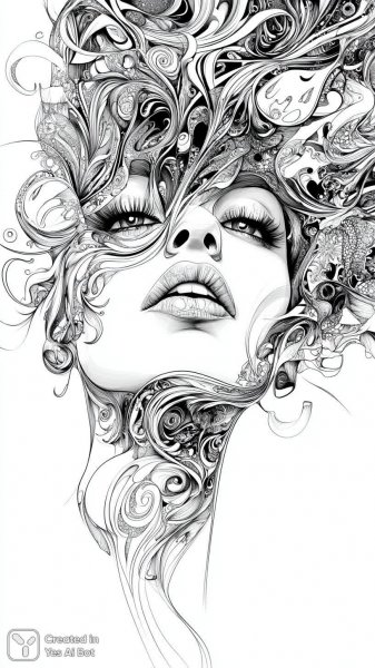 Загадочный портрет женщины в стиле зентангл с фантастическими элементами и замысловатыми узорами. Изображение из нейронной сети Миджорни
