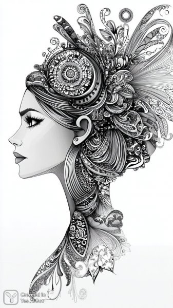 Черно-белый портрет с узорами в волосах. Генерация из нейросети Midjourney