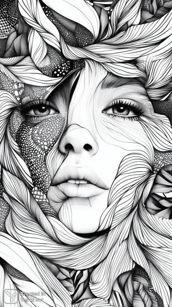 Черно-белое лицо в стиле зентангл с растительными узорами и графическими элементами. Картинка из нейронной сети Midjourney