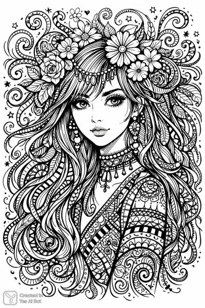 Загадочная девушка в стиле Zentangle: волшебный эскиз с цветами и узорами. Изображение из нейронной сети Sora images Ai