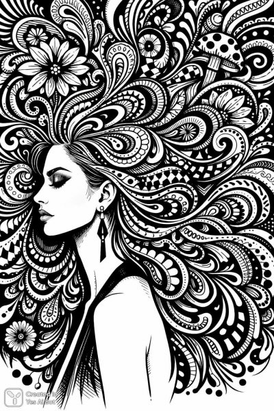 Психоделический портрет женщины в технике туши и линий. Генерация из нейросети Sora Image