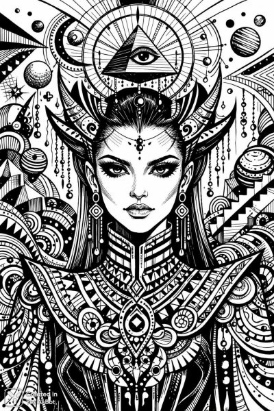 Фантазийный портрет: геометрия, линии и причудливые узоры в черном цвете. Картинка из нейросети Sora Image