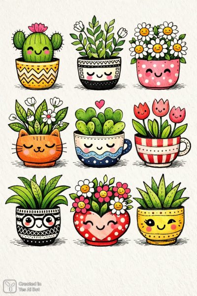 Забавные горшки с растениями: коллекция ярких иллюстраций в стиле наивного искусства. Нейронная сеть Sora Image