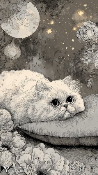 Сонная кошка среди цветов и звезд: причудливый рисунок в нежной пастели. Нейросеть Миджорни
