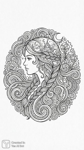 Загадочная женщина с причудливыми косами и фантастическими узорами в стиле графики. Изображение из нейронной сети Nano Banana