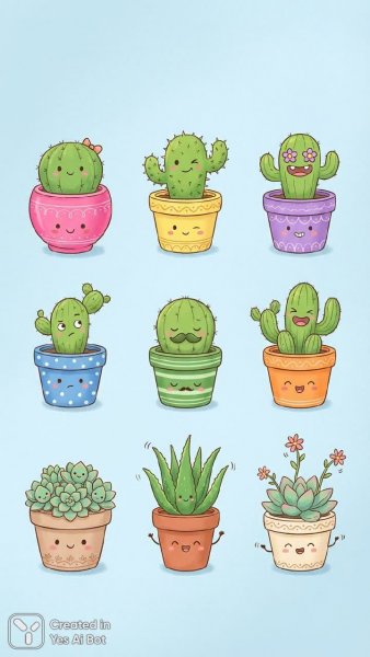 Весёлые кактусы: коллекция иллюстраций в голубых тонах и милых горшочках. Картинка из нейронной сети Nano-Banana
