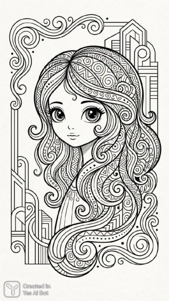 Девушка с большими глазами и зентангловыми узорами: графическая иллюстрация в стиле фэнтези. Изображение из нейронной сети Nano-Banana