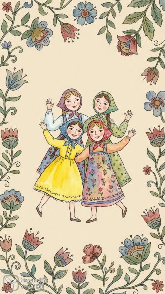 Веселые девушки в акварельном стиле: наивное искусство и фольклорные мотивы. Нейросеть NanoBanana