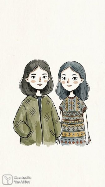 Две девушки в минималистичном рисунке и с примитивными чертами. Генерация из нейронной сети NanoBanana